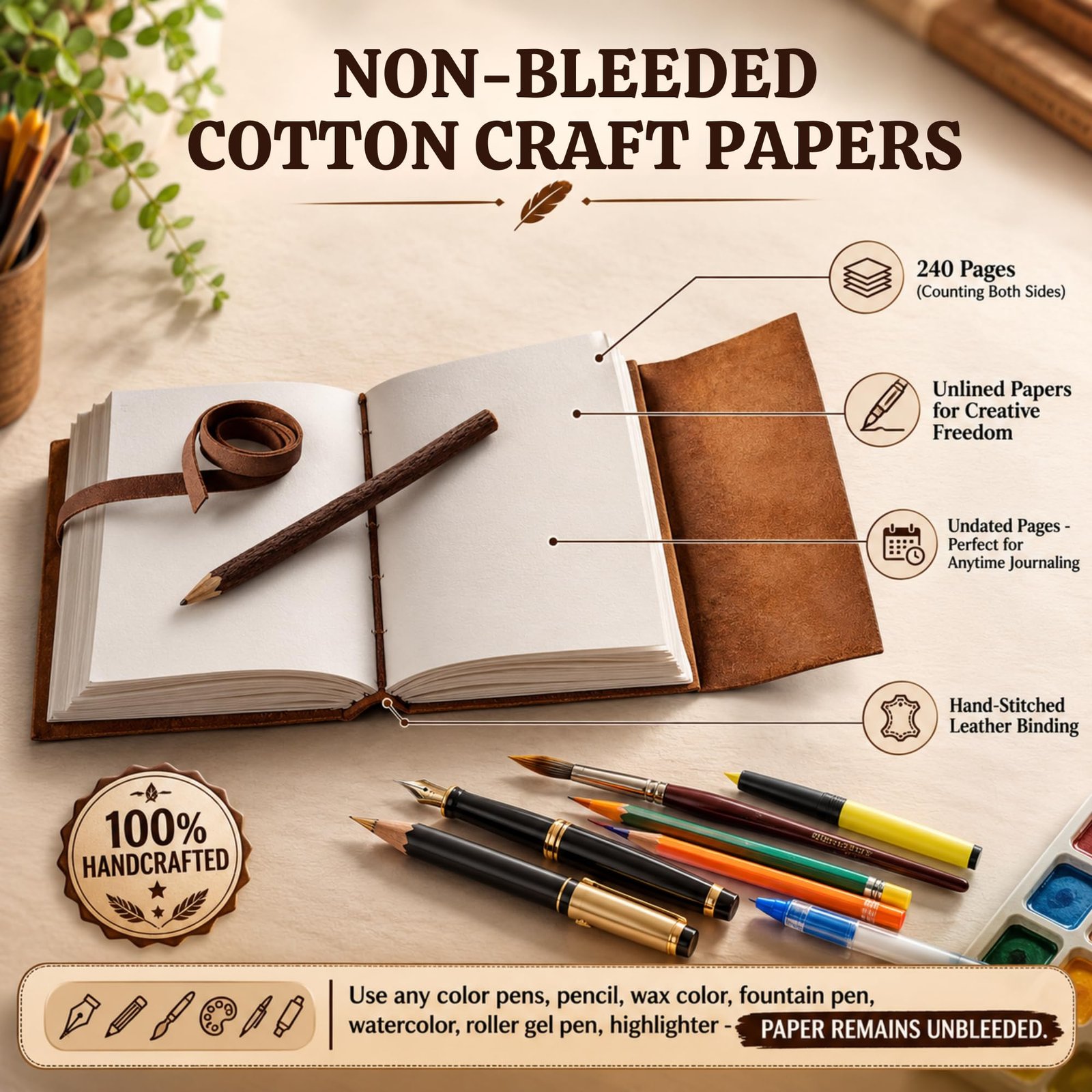 CAVALO - Be Unique Leather Diary Embossed With Leaf of Tree & a Quote Antique Handmade Leather Bound Diary cum Notepad for Men and Women Plain Paper of 5×7 Inch Size 240 Pages Perfect for Travel Diary - Image 5