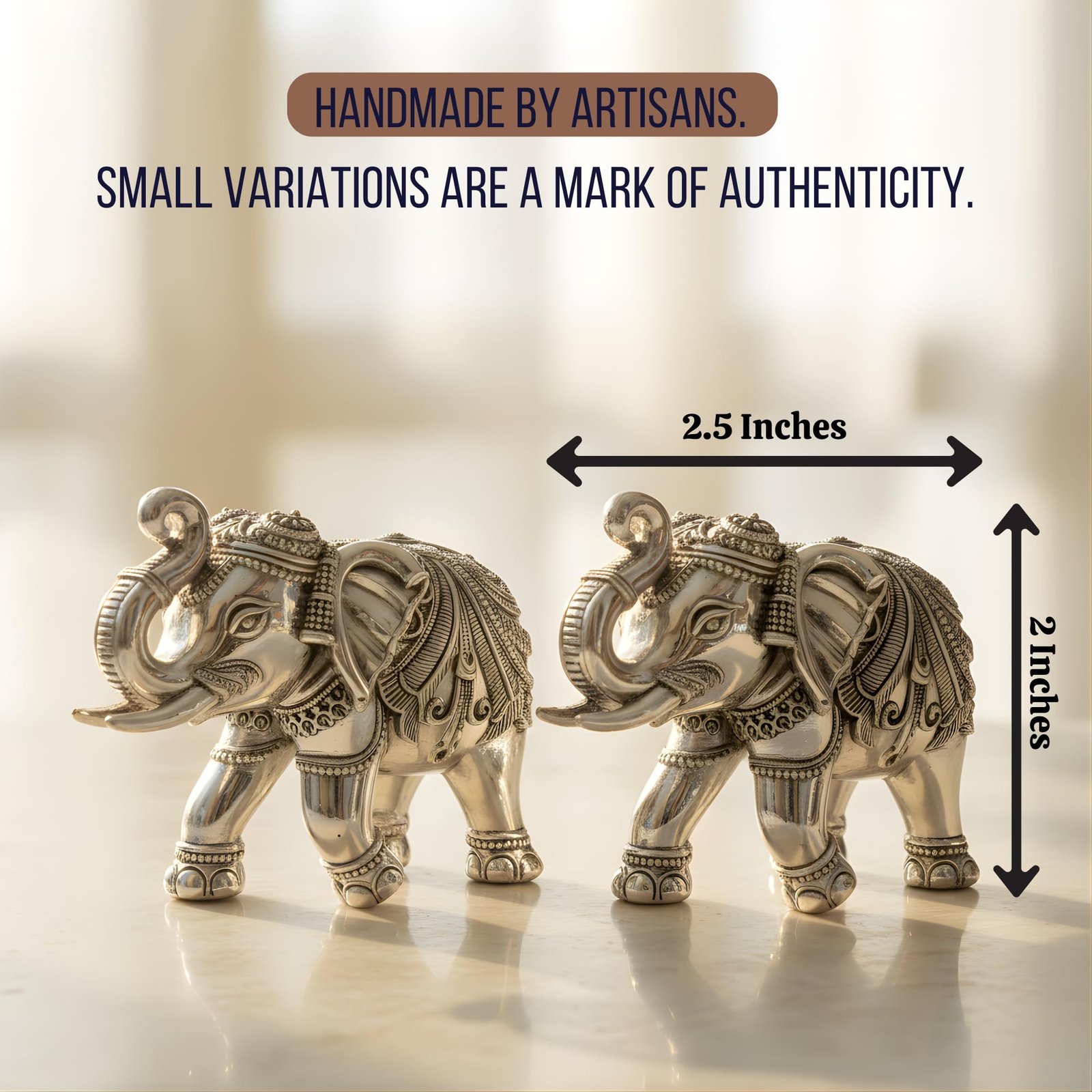 Dev Aastha 999 Pure Silver Plated Elephant Idol Pack of 2 | 2 Inch Vastu & Good Luck Showpiece for Home Decor, Mandir & Pooja Room | Auspicious Gifting Choice - Image 2