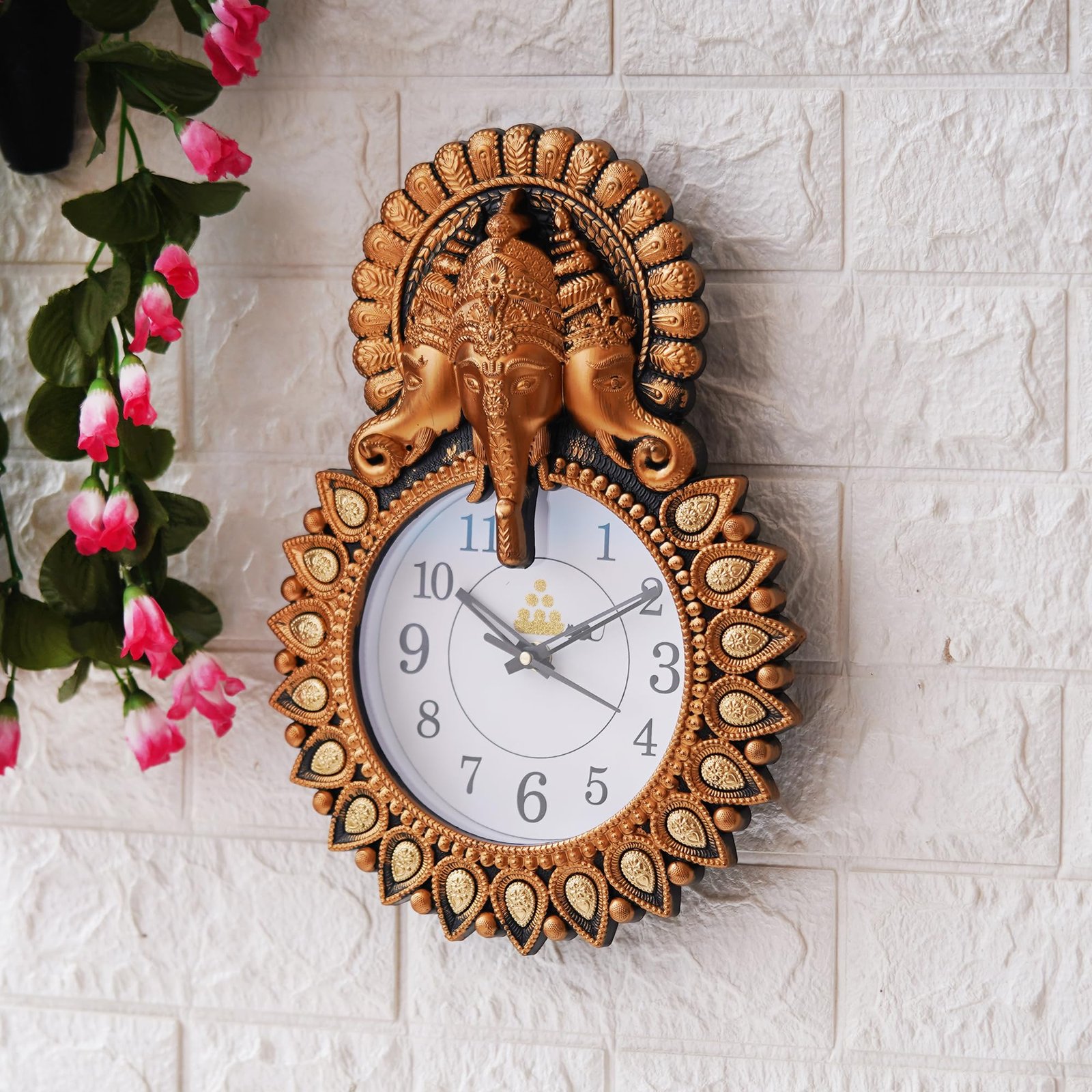 Webelkart Premium Plastic Designer Stones Ganesha Wall Clock for Home and Office Decor| Wall Clock for Living Room|(Copper, 13.38" Inch) - Analog - Image 4