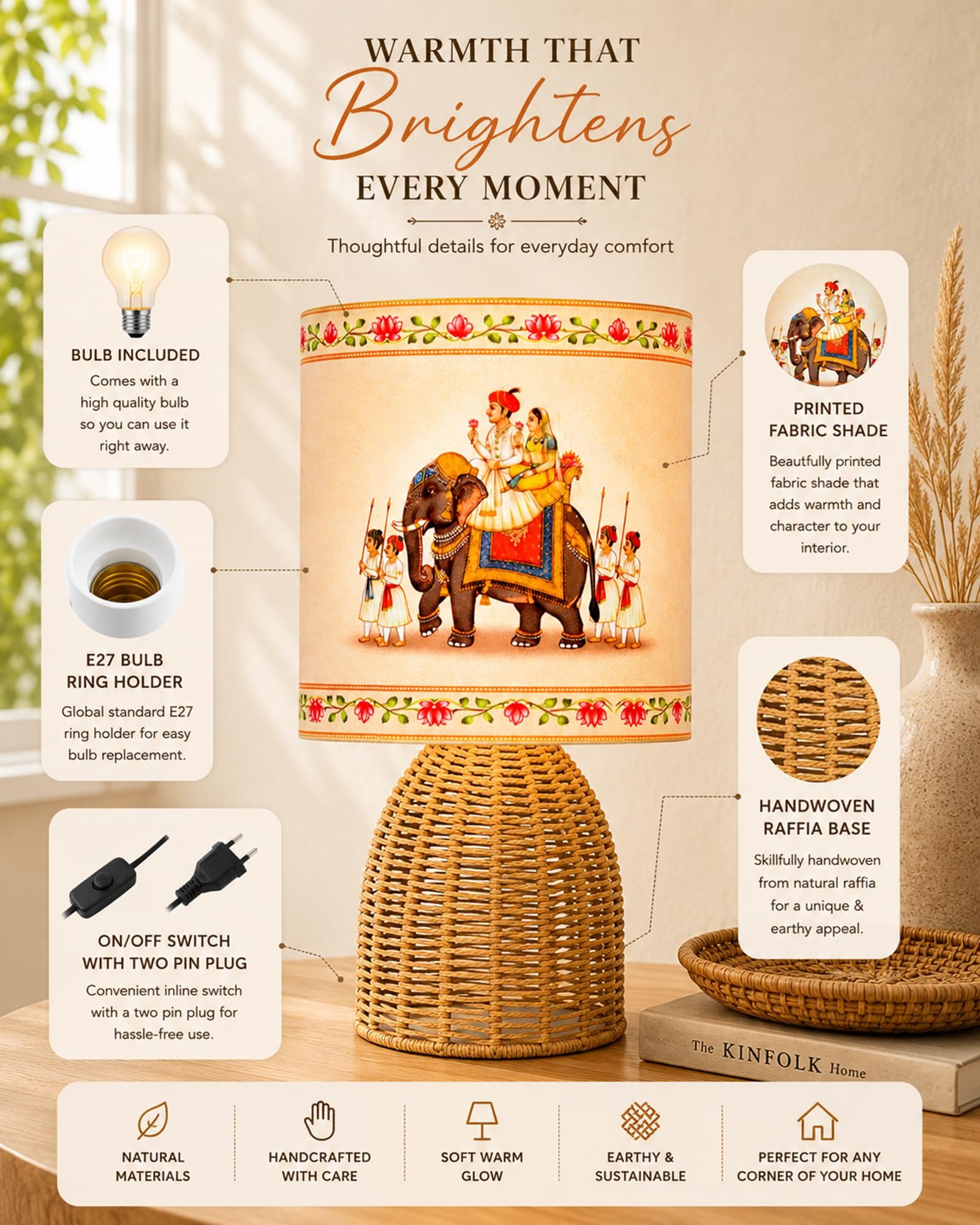 Homesake® Handwoven Rattan Table Lamp with Rajasthani Art Fabric Shade, Decorative Raffia Cane Bedside Lamp for Bedroom, Boho Table Lamp for Living Room, E27 Holder, Warm Ambient Home Decor Lighting - Image 5