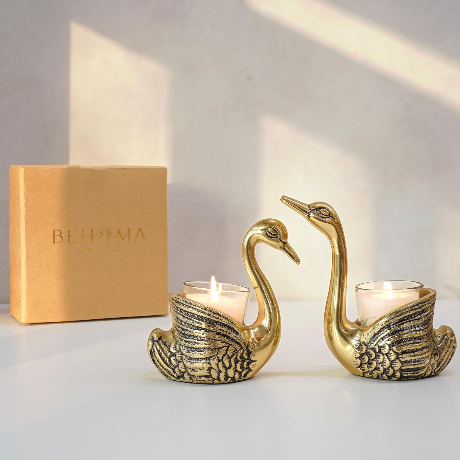 BEHOMA Pair of Swan Candle Holder with Giftbox for Home Decor, Gold - Image 5