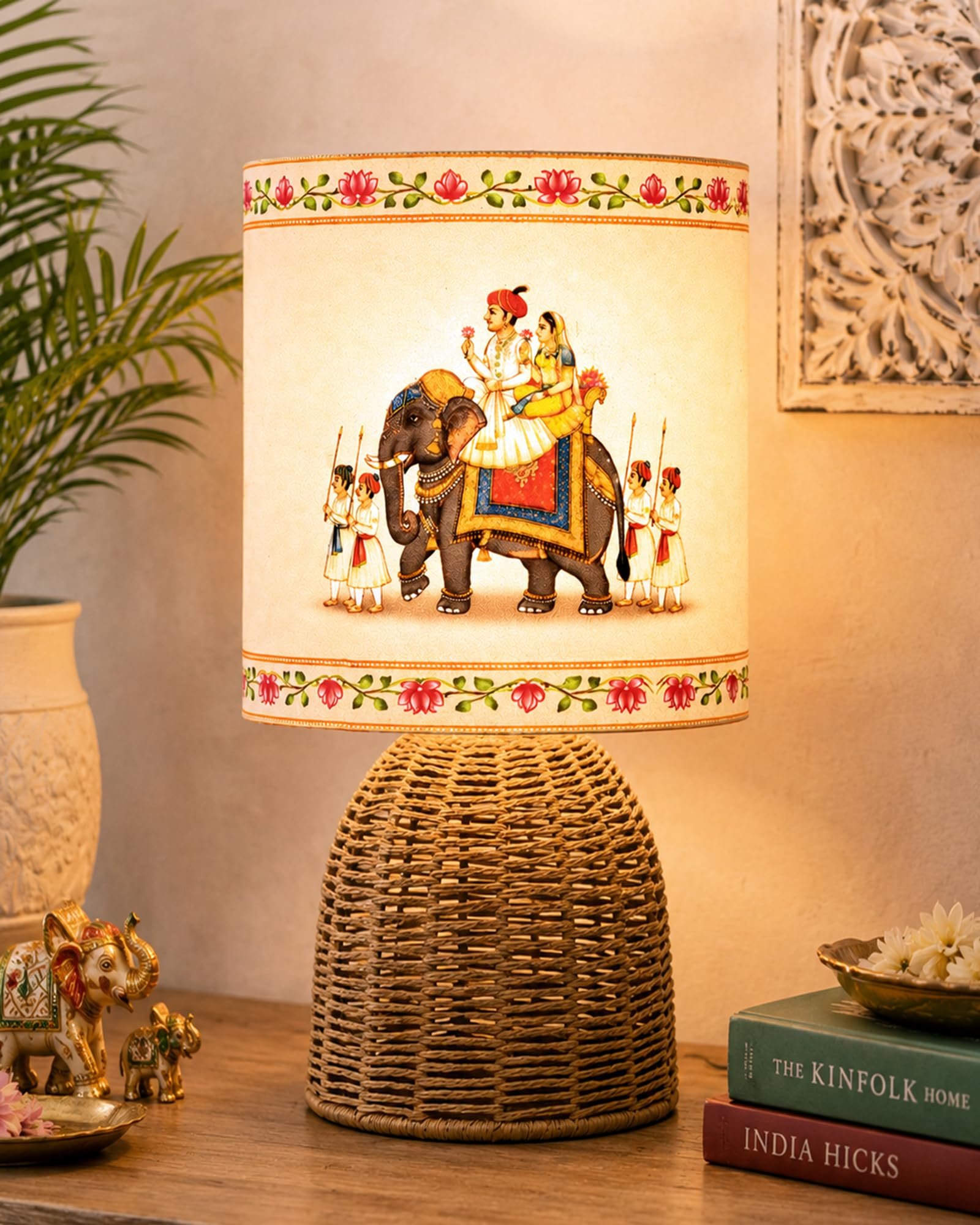 Homesake® Handwoven Rattan Table Lamp with Rajasthani Art Fabric Shade, Decorative Raffia Cane Bedside Lamp for Bedroom, Boho Table Lamp for Living Room, E27 Holder, Warm Ambient Home Decor Lighting
