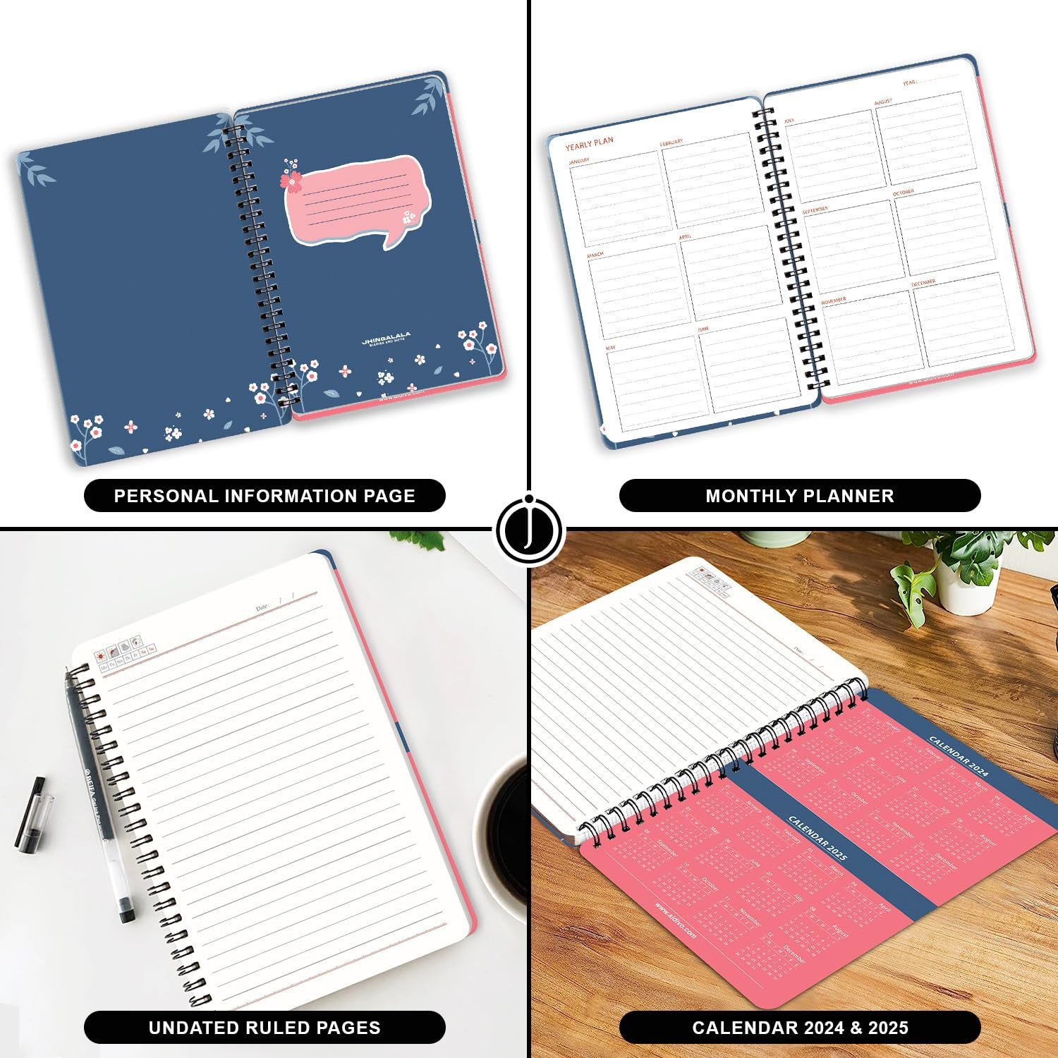 Jhingalala Diaries - A5 Hardbound Wiro Notebook Diary with Floral Theme Based Dangler I Spiral Notebook With Planner and Calendar 2024 I 160 Undated Ruled Pages - Image 4