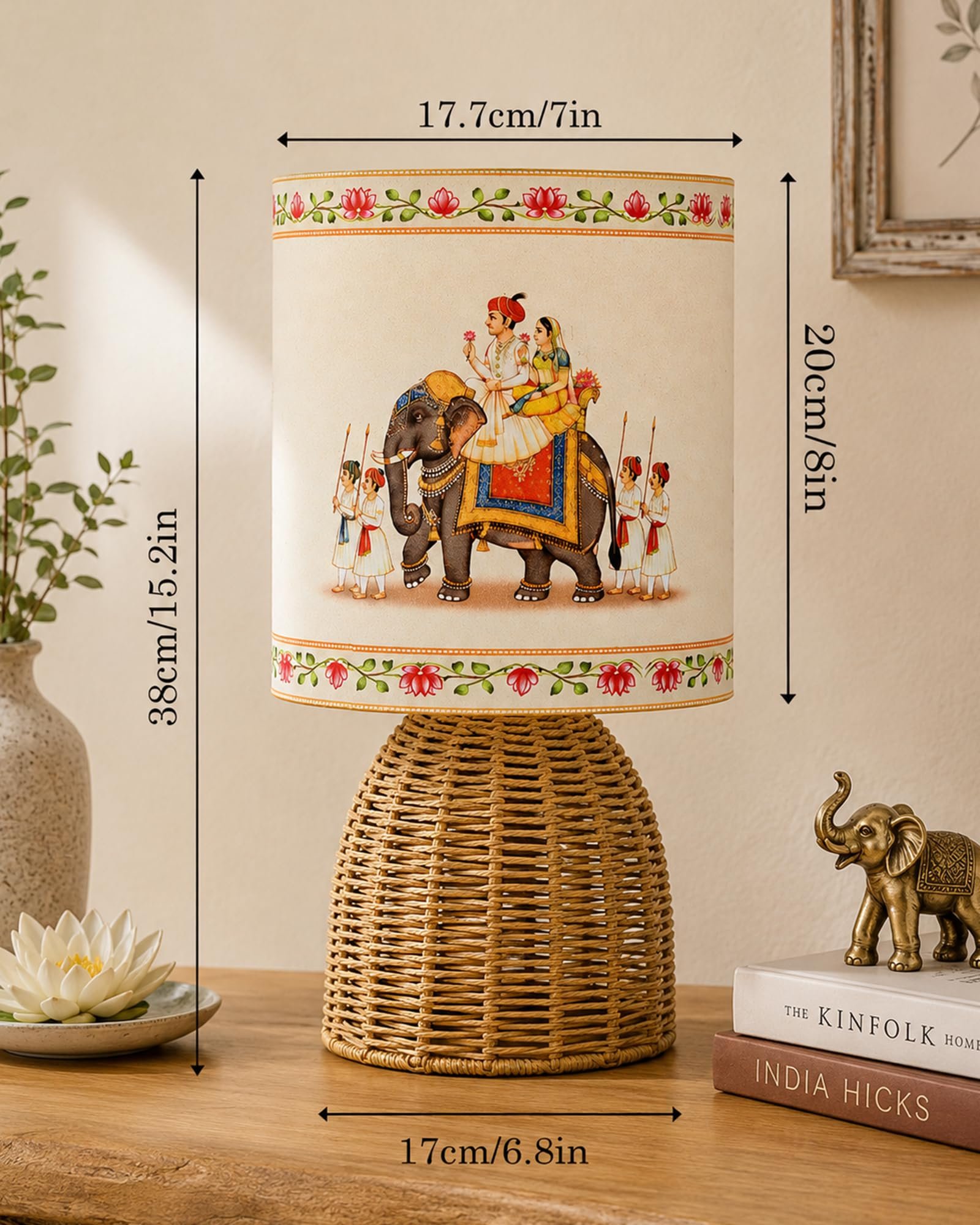 Homesake® Handwoven Rattan Table Lamp with Rajasthani Art Fabric Shade, Decorative Raffia Cane Bedside Lamp for Bedroom, Boho Table Lamp for Living Room, E27 Holder, Warm Ambient Home Decor Lighting - Image 3
