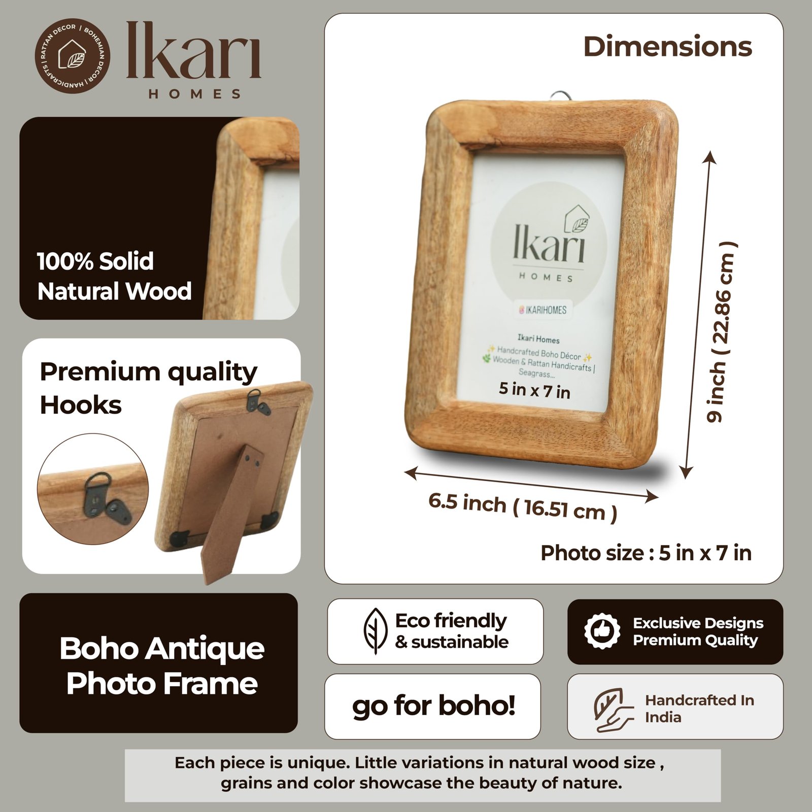 Ikari Homes Wooden Rectangular Photo Frame,Handcrafted Boho Design, Antique Finish,Set With High Definition Glass,Photo Frames For Table & Wall Mount,Home & Office Decor - 5 X 7 Inches - Image 3