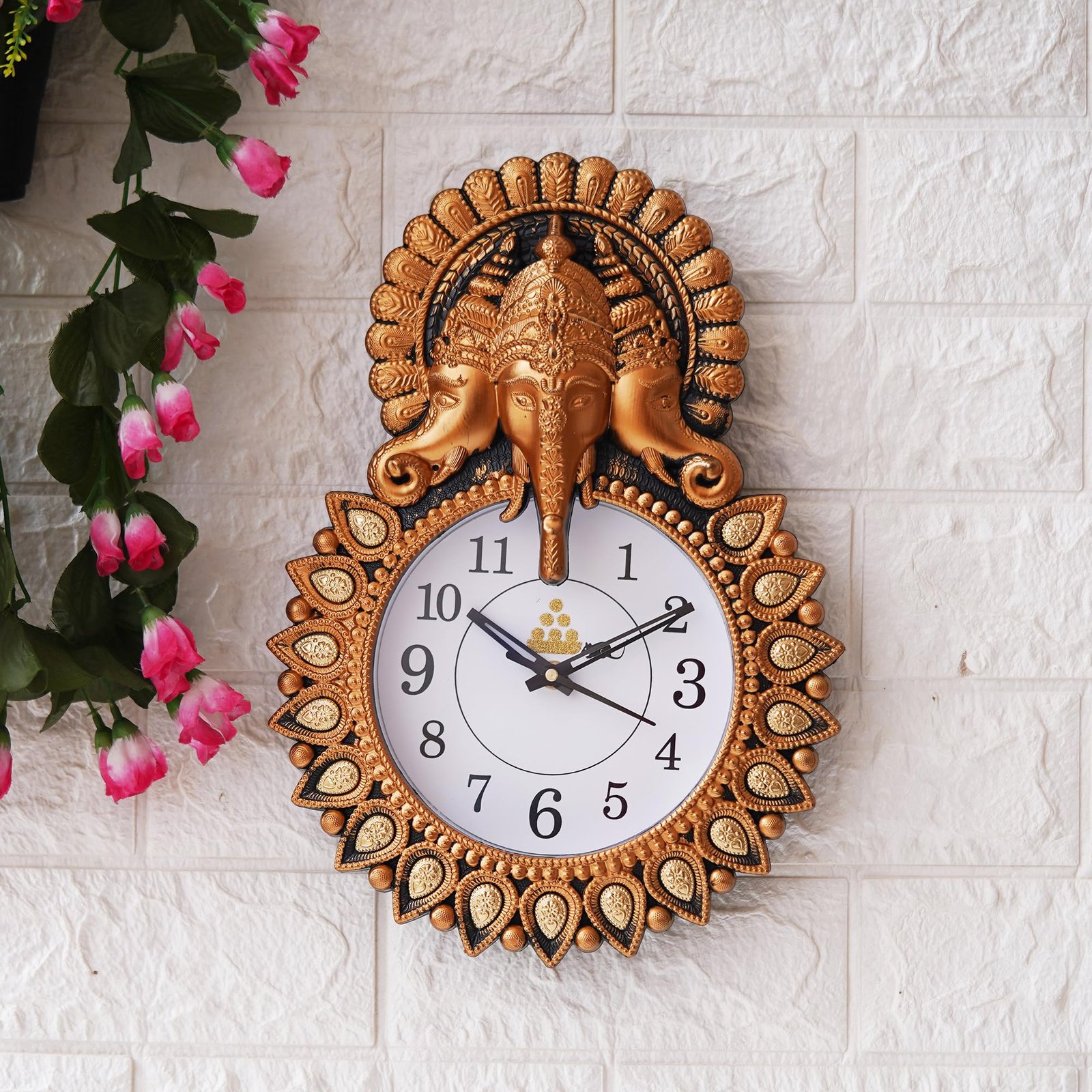 Webelkart Premium Plastic Designer Stones Ganesha Wall Clock for Home and Office Decor| Wall Clock for Living Room|(Copper, 13.38" Inch) - Analog - Image 2