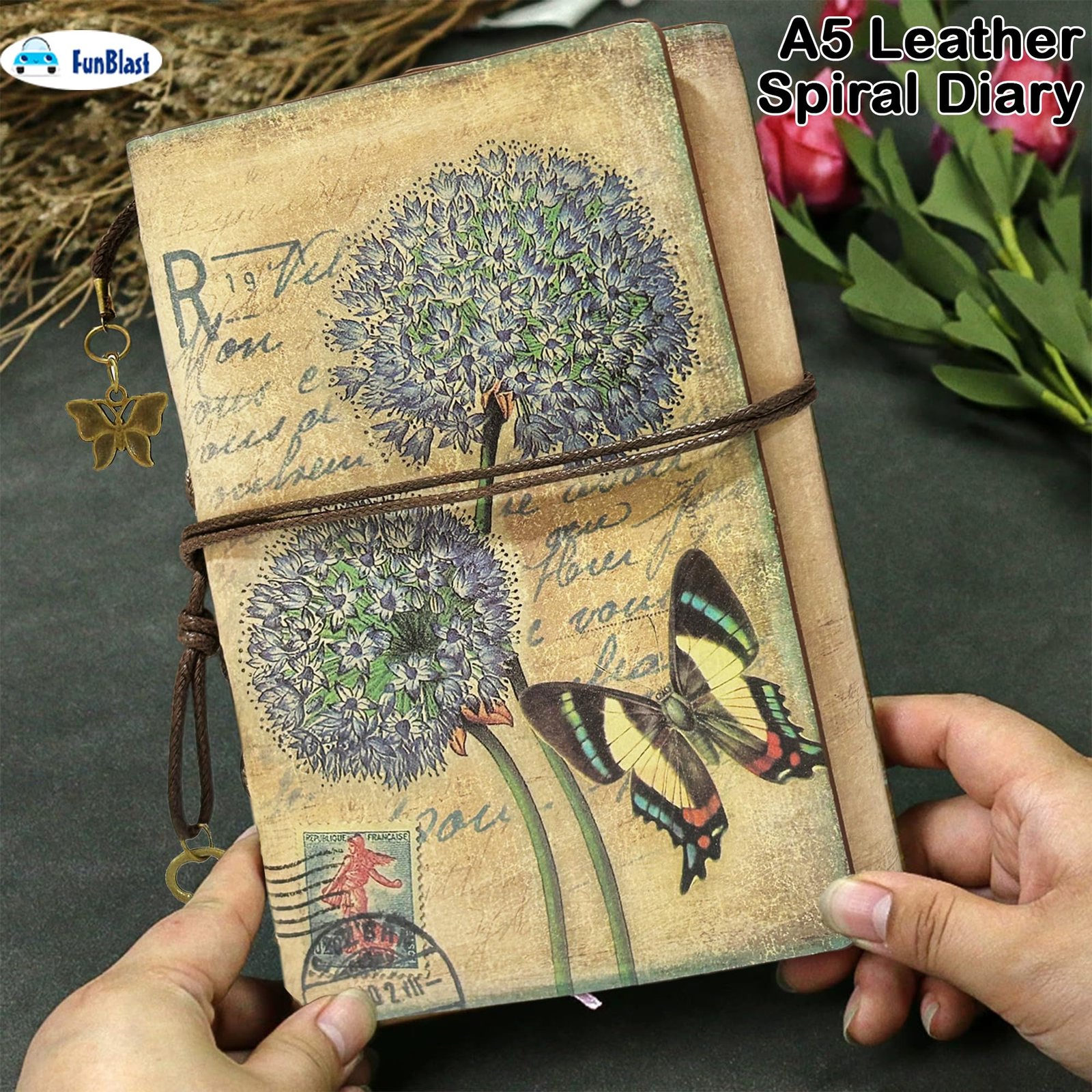 FunBlast Retro Vintage Leather Writing Journal Notebook, European Style Spiral Bound Loose-leaf Refillable Daily Sketchbook Diary Traveler with Blank Inserts and Zipper Pocket, L 18.5 x W 13.0 CM (Butterfly) - Image 6
