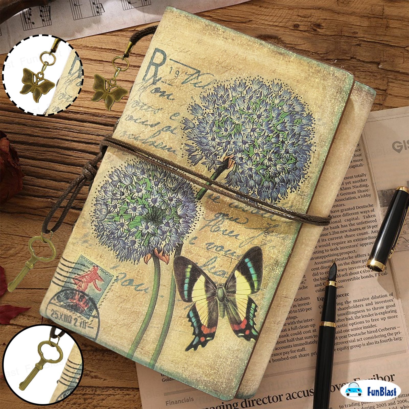 FunBlast Retro Vintage Leather Writing Journal Notebook, European Style Spiral Bound Loose-leaf Refillable Daily Sketchbook Diary Traveler with Blank Inserts and Zipper Pocket, L 18.5 x W 13.0 CM (Butterfly) - Image 8