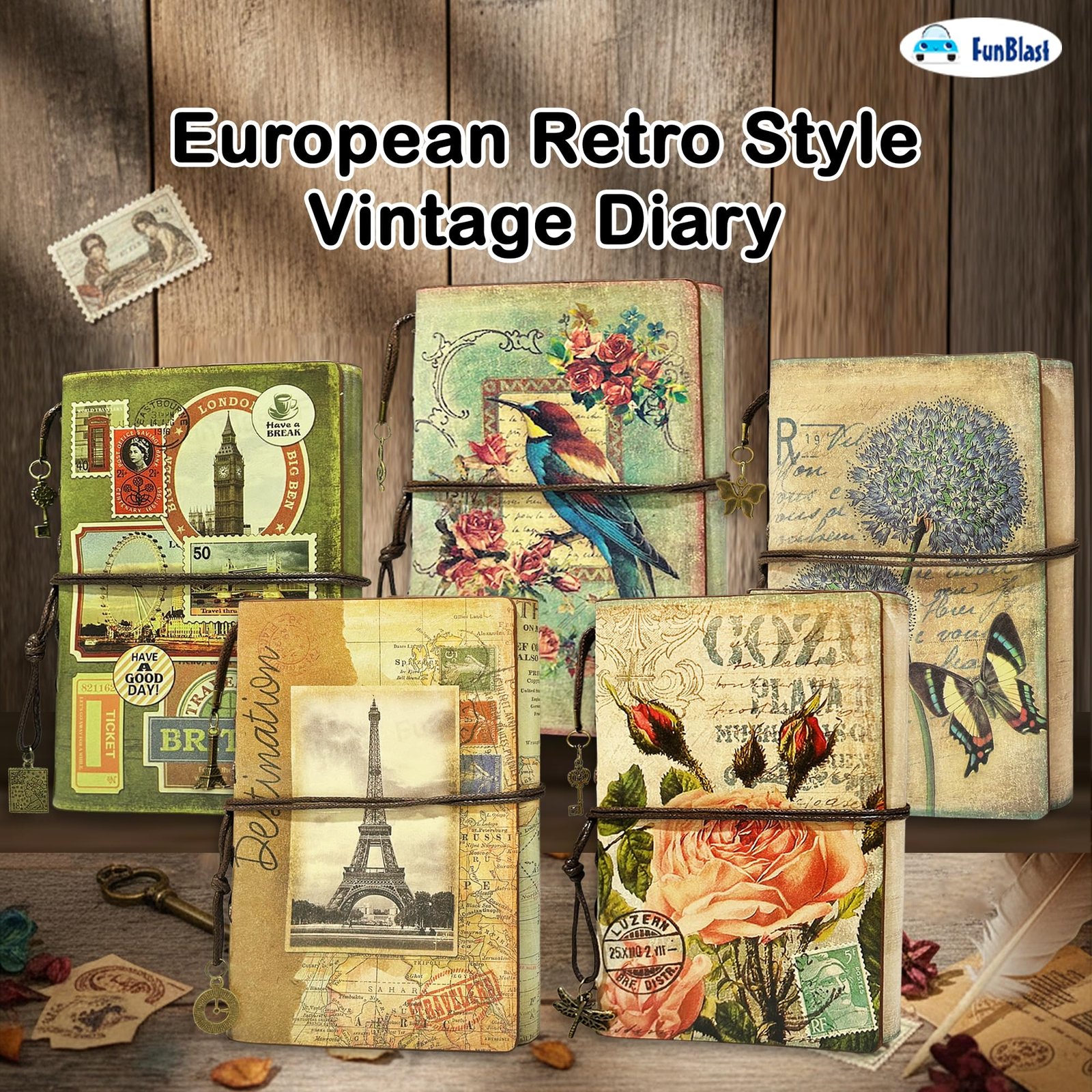 FunBlast Retro Vintage Leather Writing Journal Notebook, European Style Spiral Bound Loose-leaf Refillable Daily Sketchbook Diary Traveler with Blank Inserts and Zipper Pocket, L 18.5 x W 13.0 CM (Butterfly) - Image 9
